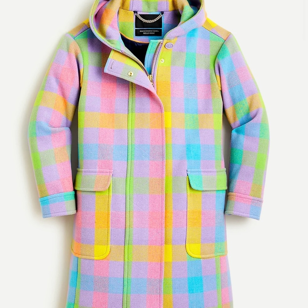 Jcrew Colorful Plaid Hooded Coat